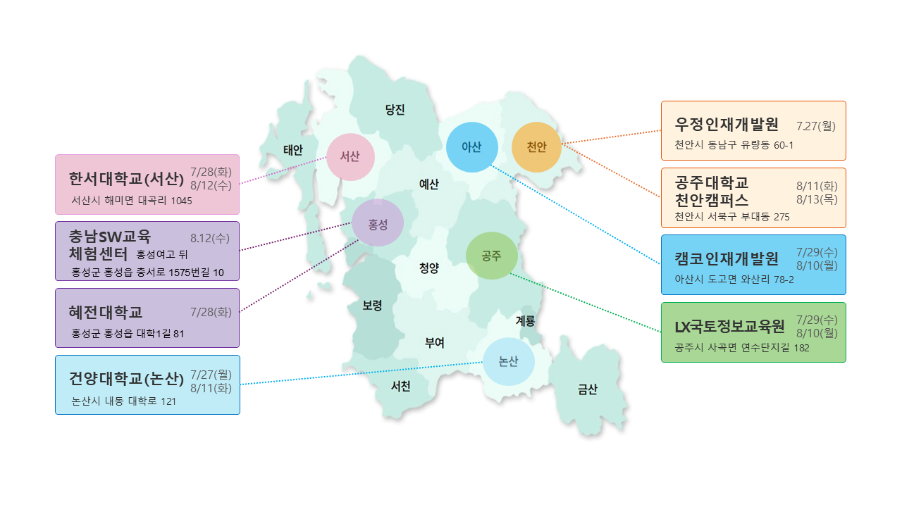 충청남도 권역별 연수장소 지도